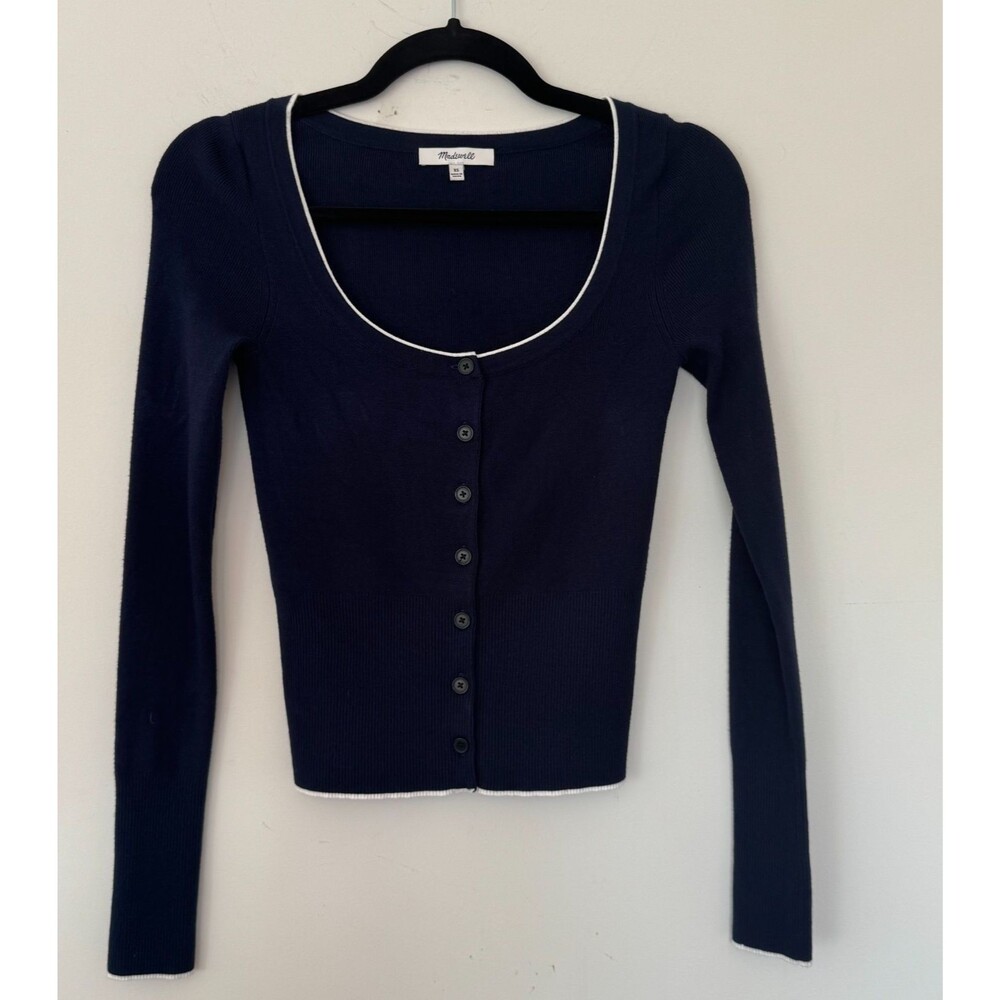 Madewell Navy Button Front Cardigan XS Cropped Lightweight Sweater Nautical Prep